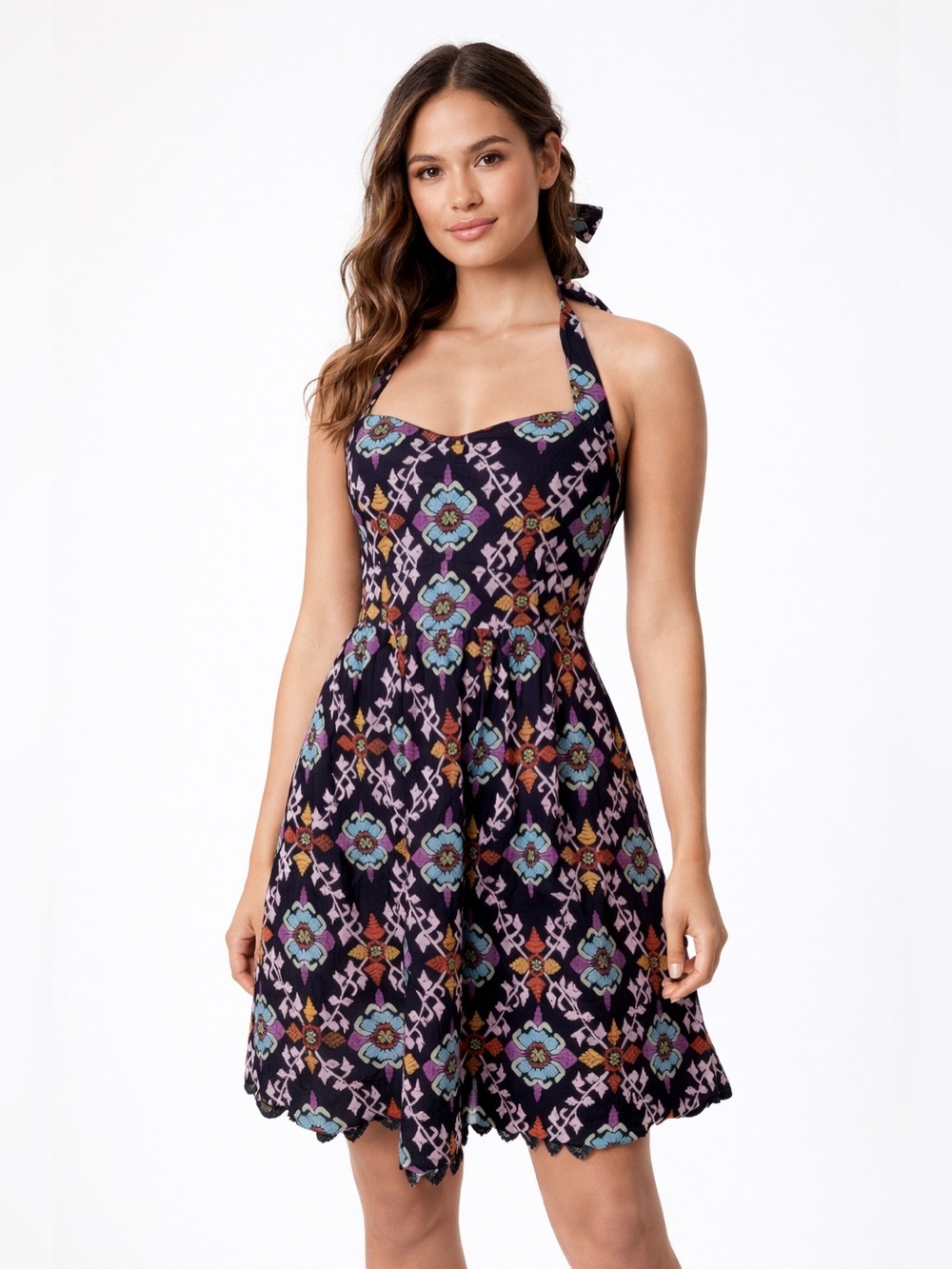 Anthropologie Edme & Esyllte Bold Print lace trim Halter Dress Size 4